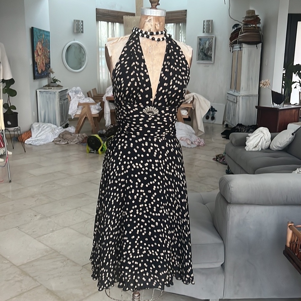 Holter silk black dress w Polk-dots CReme and grey